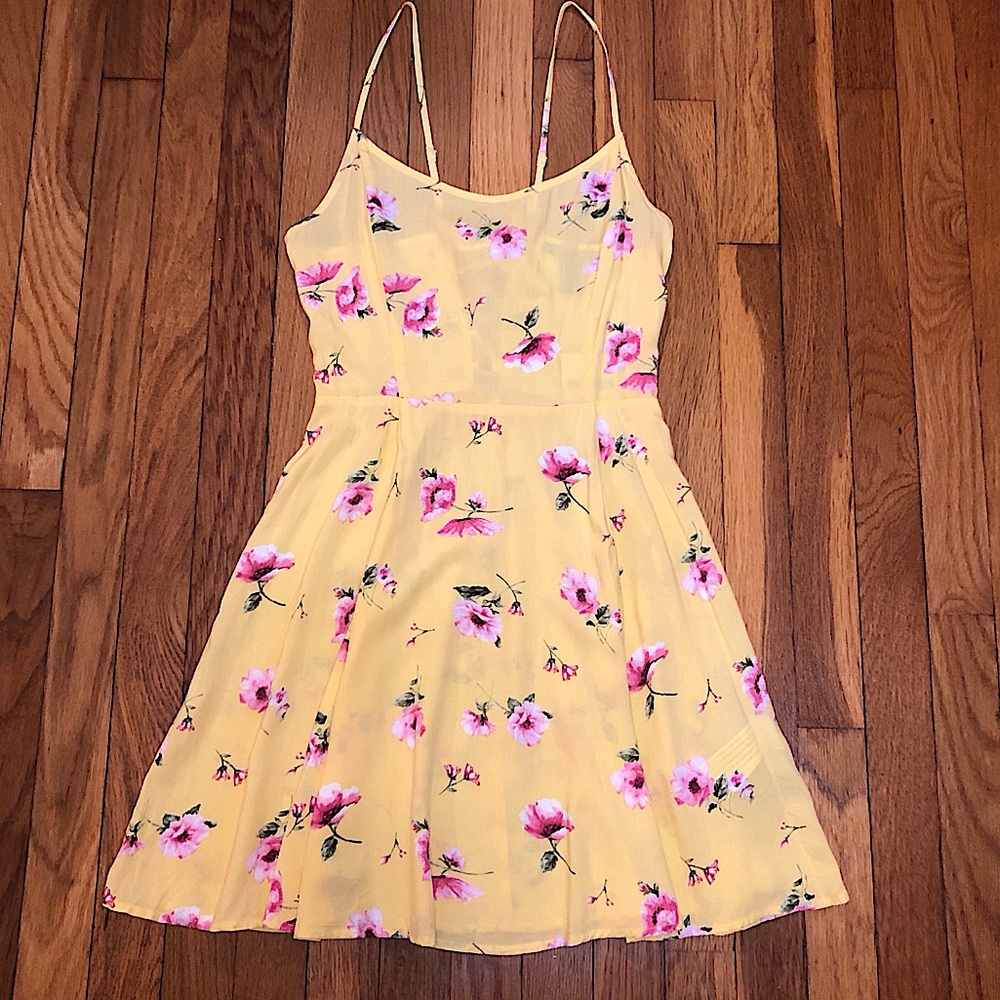 Yellow Floral Lace-Up Flare Mini Tank Dress